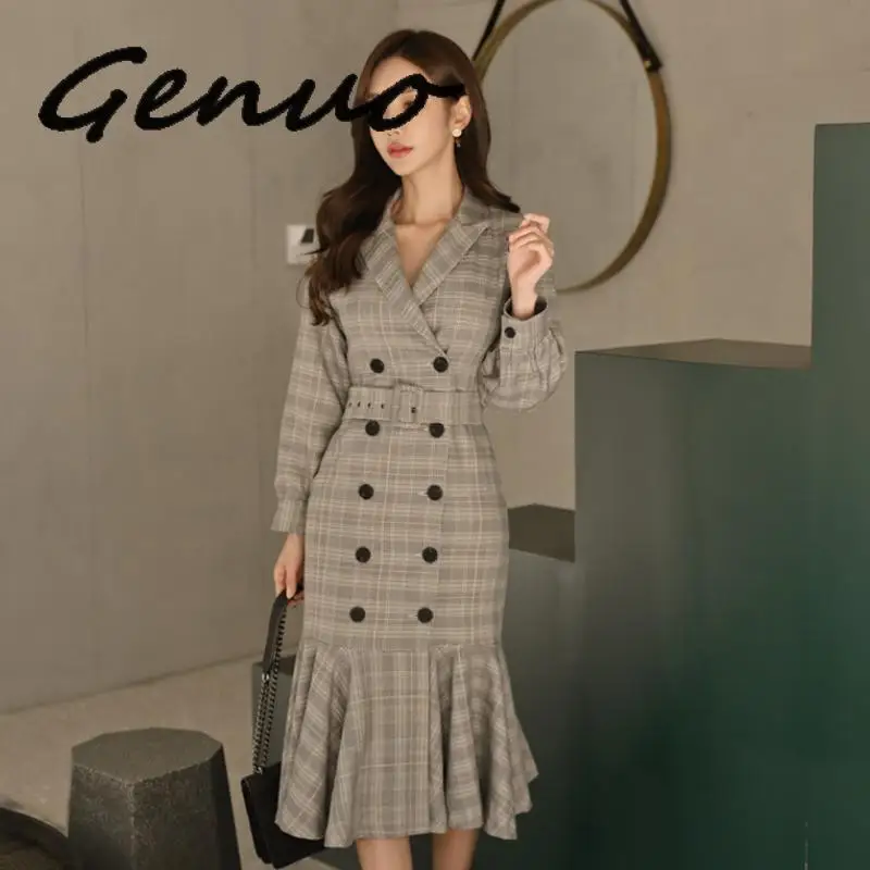 Осень зима офисное женское платье в клетку с оборками длинное v образным вырезом