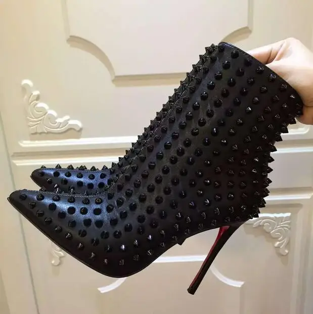 Роскошные женские ботильоны из кожи черного и красного цвета с шипами острым