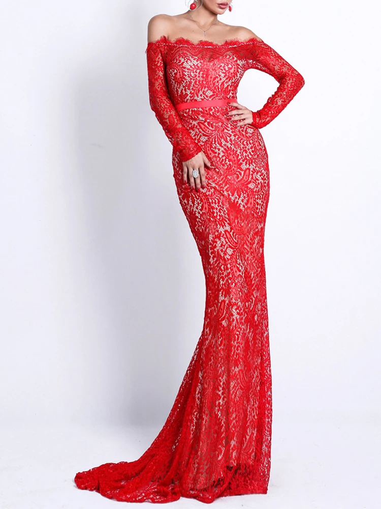 Женское вечернее кружевное платье русалка элегантное с открытыми плечами
