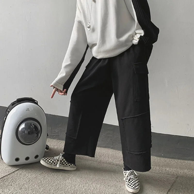 Homem solto Повседневная perna larga Calzas de carga cintura eláмассажная em linha reta harem masculino japão streetwear
