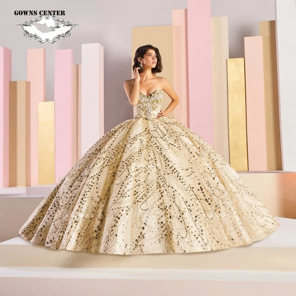 

Light Champagne Sweetheart Princess Quinceanera Dresses Appliques Sparkly Sequined Ball Gown Cinderella Sweet 15 16 Dress