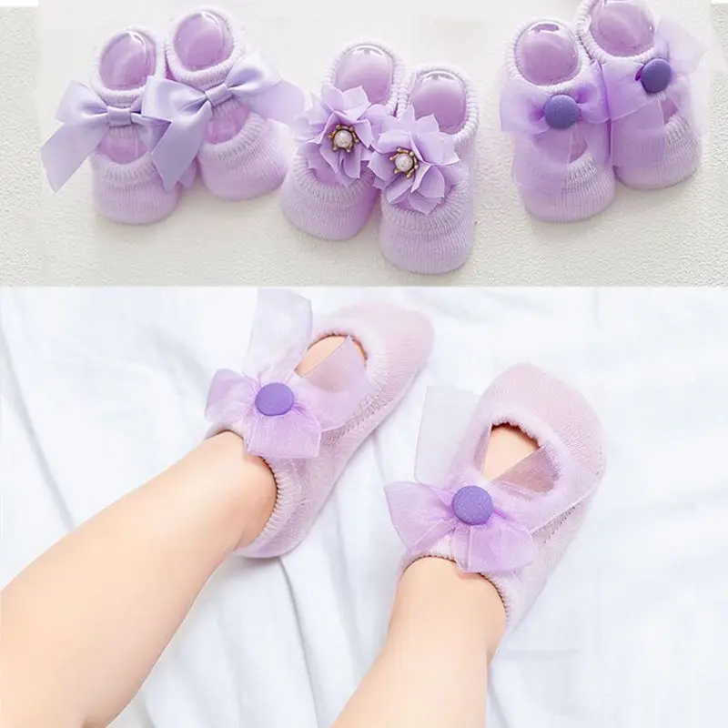 

3 Pairs Bowknot Socks Baby Girls Cotton Lace Flower Princess Short Floor Socks For Toddler Kids Newborn Gift 0-12M