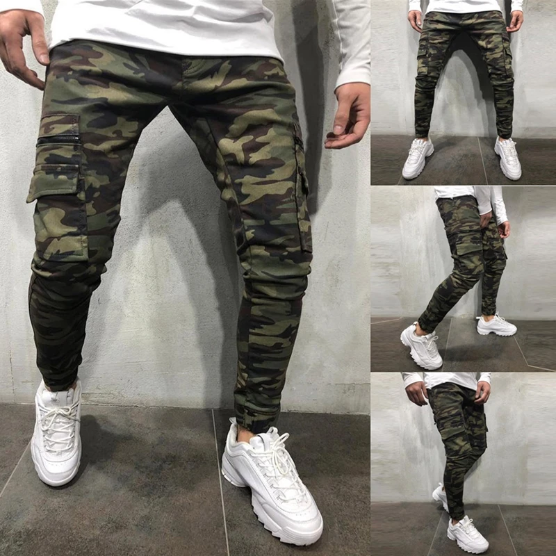 

Men Camouflage Style Jeans Street Jogger Long Pants Slim Multi-Pocket Cargo Pants Hip Hop Pure Color Pencil Denim Trousers Male