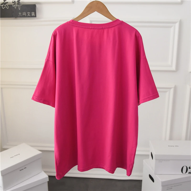 

Large Rhinestone Cartoon Bear Half Sleeve Sapphire Blue Mid-Length Short Sleeve T-shirt for Women Summer