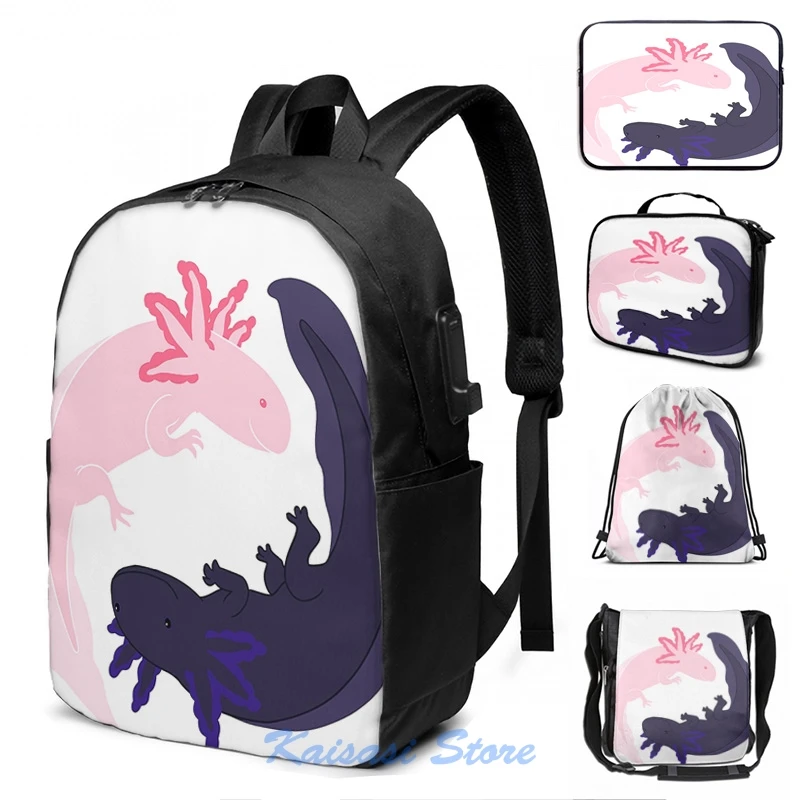 Рюкзак с забавным графическим принтом Yin &amp Yang Axolotls USB-зарядкой мужские школьные