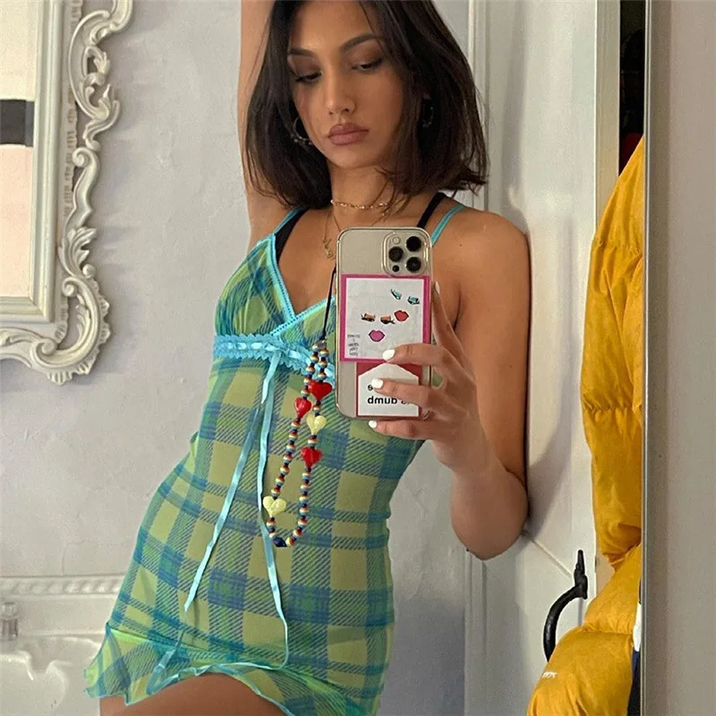 

2021 Deep V Neck Print Dress Women Summer Sexy Sleeveless Plaid Sundress Club Streetwear Backess Mini Dresses