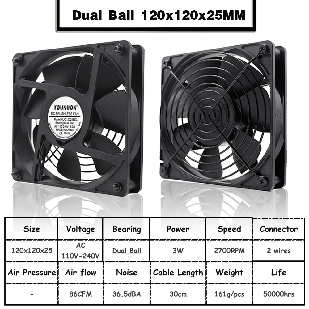 Ball 120x120x25MM YOUNUON 60 мм, 80 мм, 90 мм 120 мм EC бесщеточный вентилятор AC 110V 115V 120V 220V 240V осевой вентилятор с Srews/гриль 6025 8025 9225 12025 12038 - Цвет лезвия: Ball 120x120x25MM
