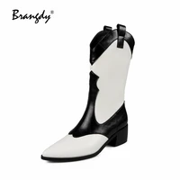 brangdy fashion women western boots genuine leather mixed colors women winter shoes pointed toe women mid calf knight boots zip