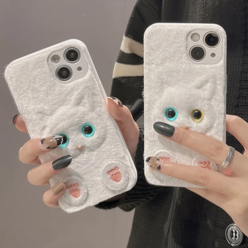

3D Cute Cartoon Cat Fuzzy Plush Phone Case For iPhone 11 12 13 Pro XS Max X XR 7 8 Plus Winter Shockproof Soft Back Cover