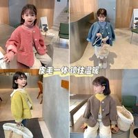 girls lamb wool coat 2021 new fur one loose jacket girl baby casual autumn winter thick pocket for kids wool fur parkas