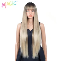 magic 34inches synthetic straight long wig with bangs ombre black blonde wig for women daily use heat resistant fiber hair