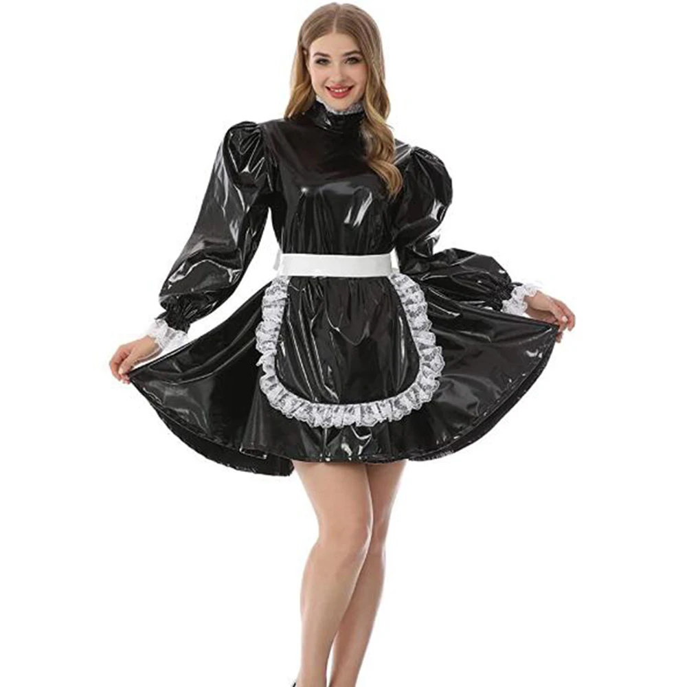 Women PVC Leather Mini Dress Lockable Uniform Cosplay Sexy Costume High Neck Long Sleeve A-line Lolita Maid Dresses With Apron |