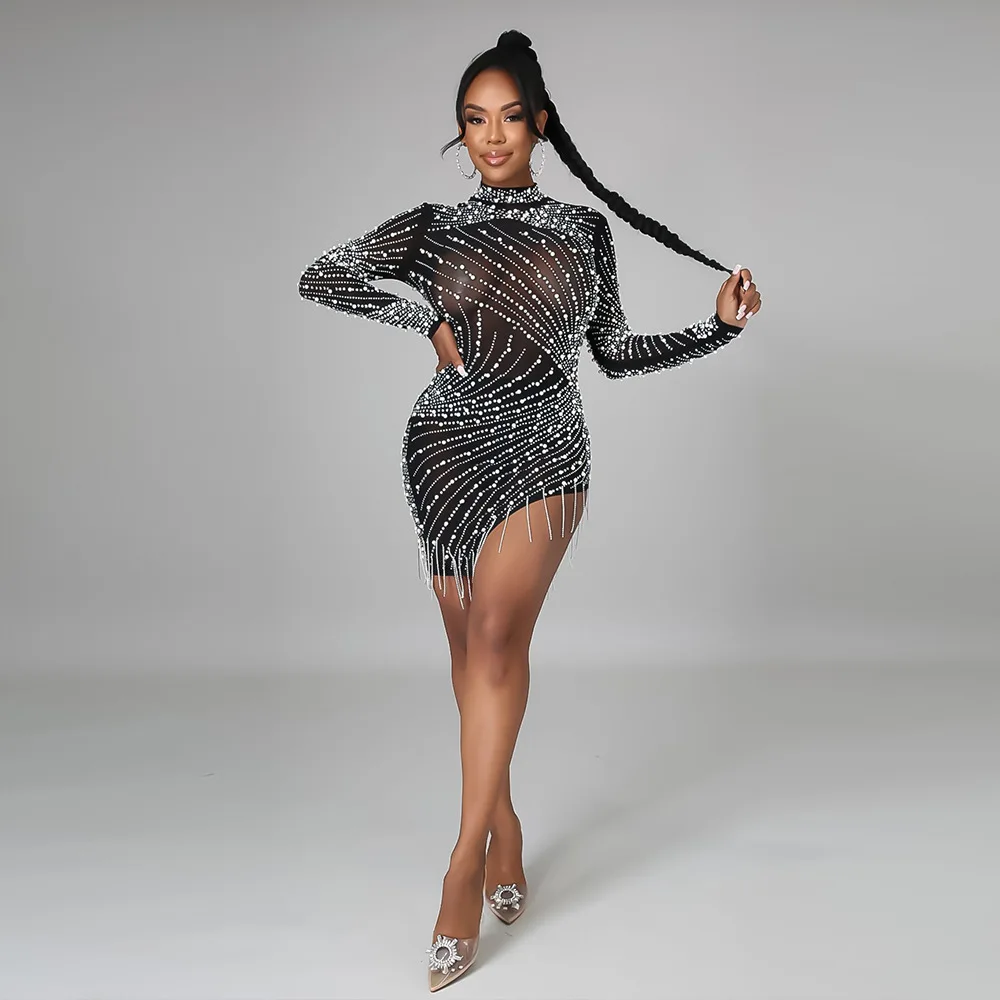 

Fashion O-Neck Pearls Diamond Dress Women Party Night Office Lady Sheath Knee-Length Tassel Evening Dress Sexy Vestido de mujer