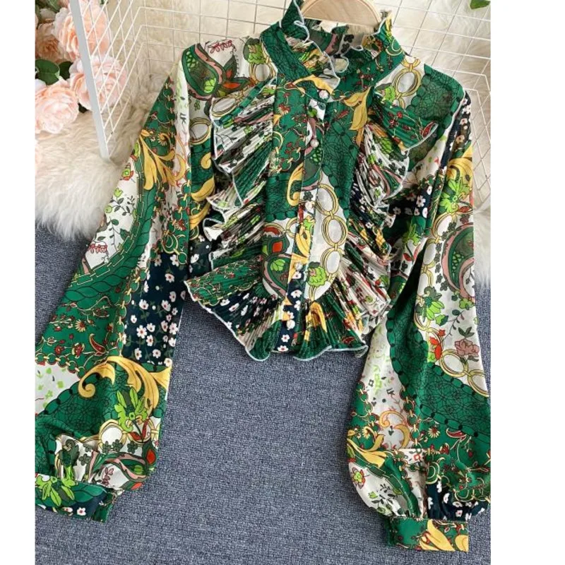

2021 Spring New Women Fashion Long Sleeve Stand Collar Elegant Ruffles Loose Blouse Floral Print Casual Shirts