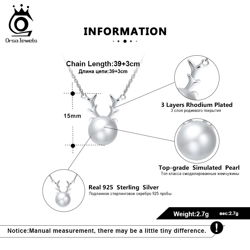 ORSA JEWELS ожерелье с подвеской из искусственного жемчуга и антеля S925, Милая женская подвеска, Рождественская тематика, Стерлинговое Серебро, хорошее ювелирное изделие SN167