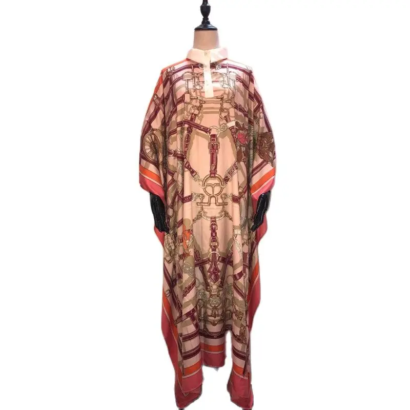 

High Quality Fashion Printed Collar Silk For Women Free Size Abaya Muslim Kaftan Femme Robe Maxi Dress