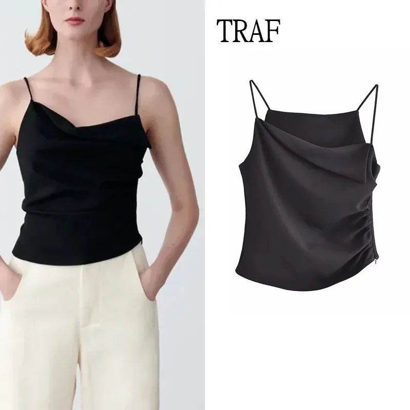 

TRAF Sexy Top Women 2021 Summer Black Ruched Halter Off Shoulder Women Tops Chic Women's Clothing Fashion Woman Blouses Vest