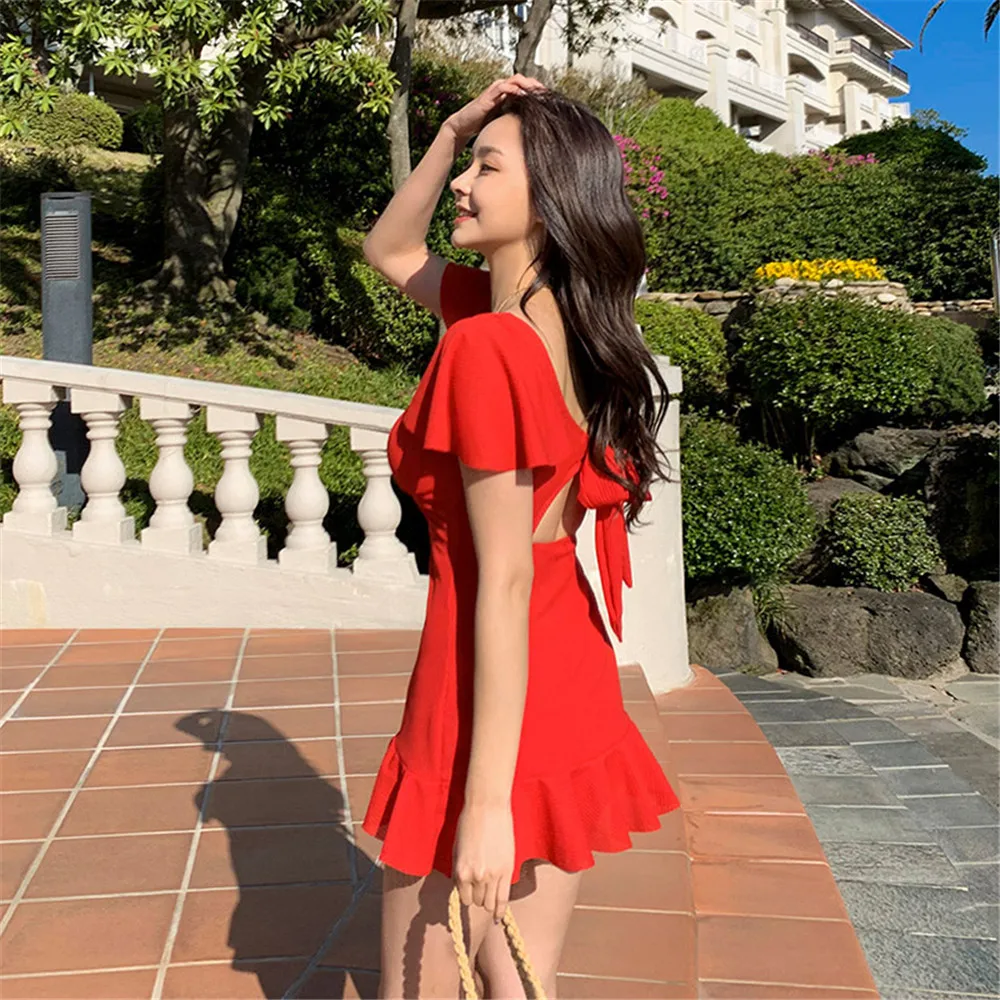 Слитный купальник с коротким рукавом Женский однотонный монокини оборками