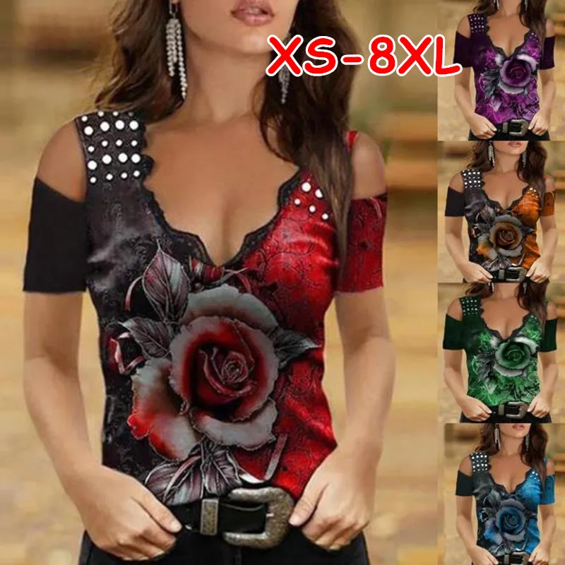

XS-8XL Graphic Tees Women's Lace V-neck Butterfly Printed Sexy Casual Soft and Comfortable Thin Shirt Oversized T Shirt
