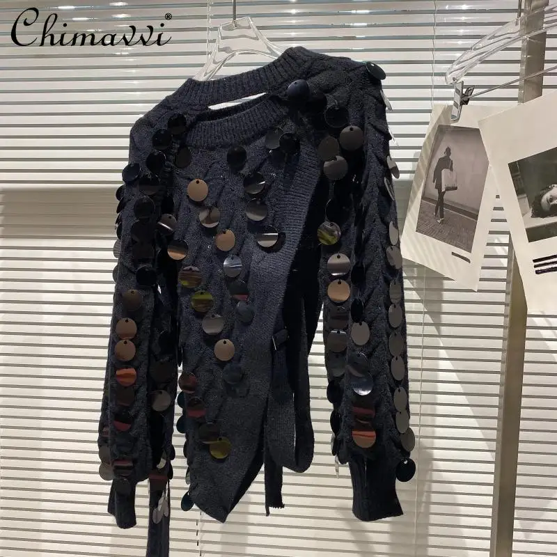 

2021 Fall Women's Clothing 2-piece Set New Fashion Sequins Shiny Shawl Slimming Vest Knitted Sweater Feminine All-matching