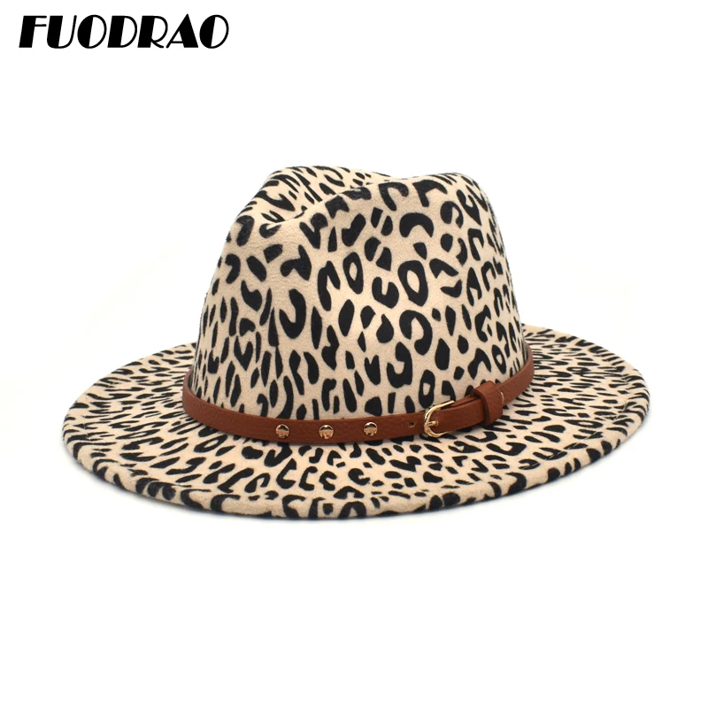 

FUODRAO Fashion Women Wool Felt Fedora Leopard Jazz Hat Men Beige Wide Brim Fedora Vintage Panama Trilby Caps With Belt F145