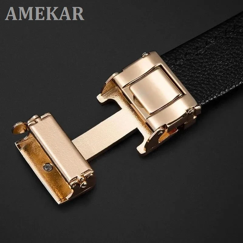 

2021 Men's Genuine leather Belt Men Cowskin Strap Top Quality Belts For Male Alloy Automatic Buckle Fashion Waist Belt Gold Belt
