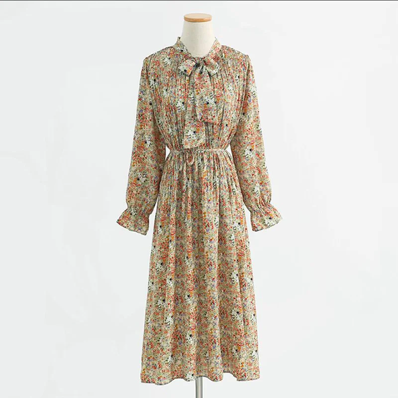 

Шифоновое платье-миди с цветочным принтом, длинным рукавом и бантом