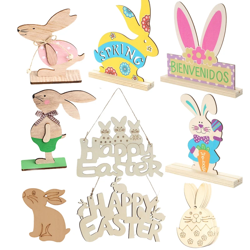

Wooden Easter rabbit Crafts Easter Decorations Bunny Chick Eggs Wood Ornaments Happy Easter home Party decor hanging Easter gift