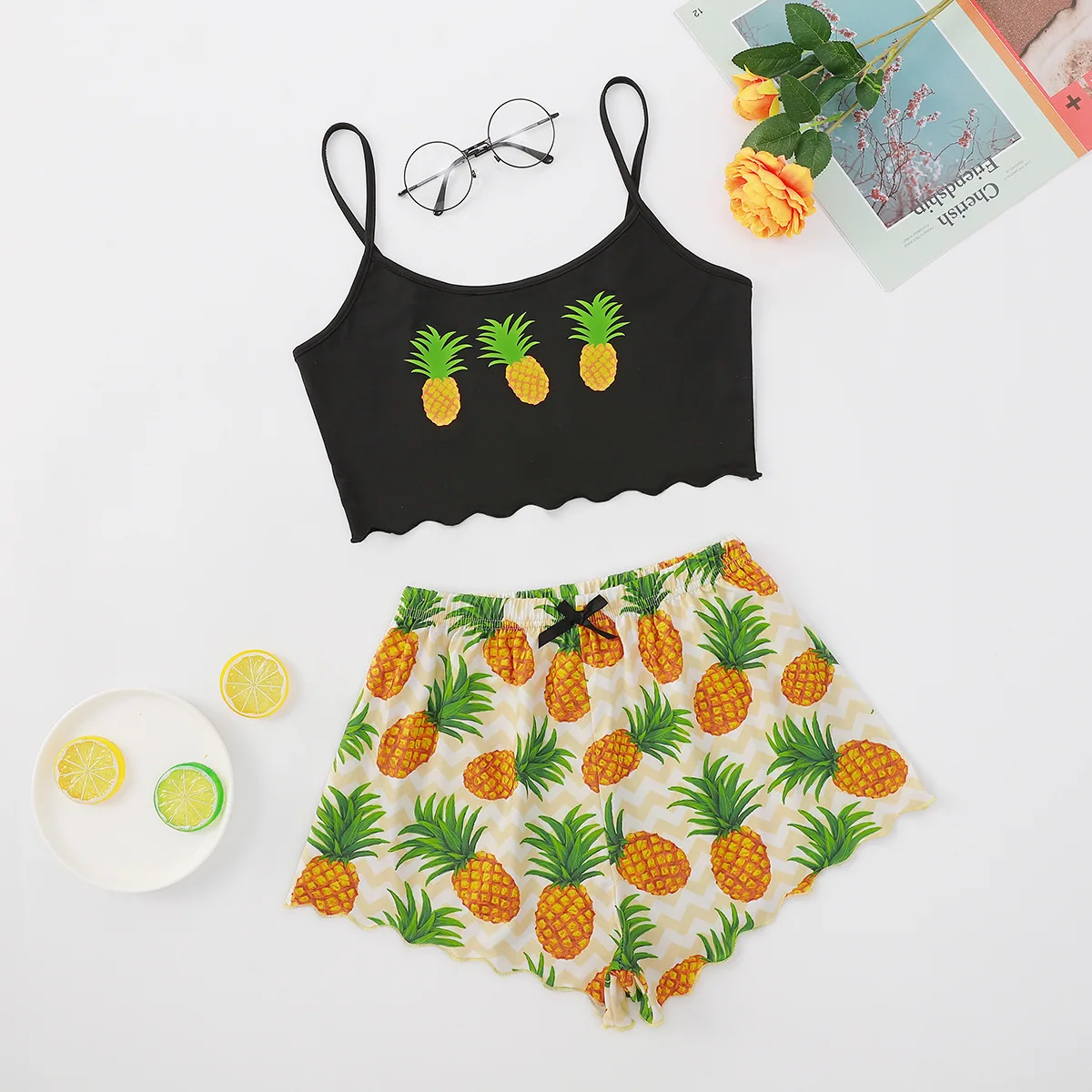 

Camisole New Creative Pineapple Print Suspender Top Print Shorts Sleepwear Set Basic Free Shipping