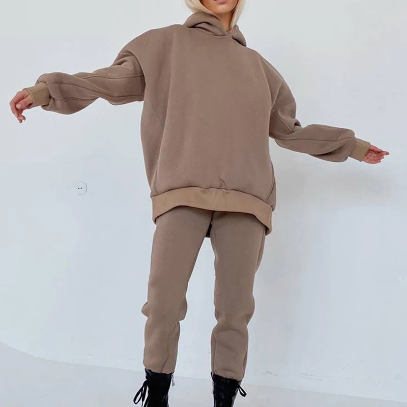 

Women's Tracksuit Fleece Hooded Two Piece Set Oversized Hoodies Jogger Pants Sets Female 2021 Autumn Casual Lady Sportswear Suit