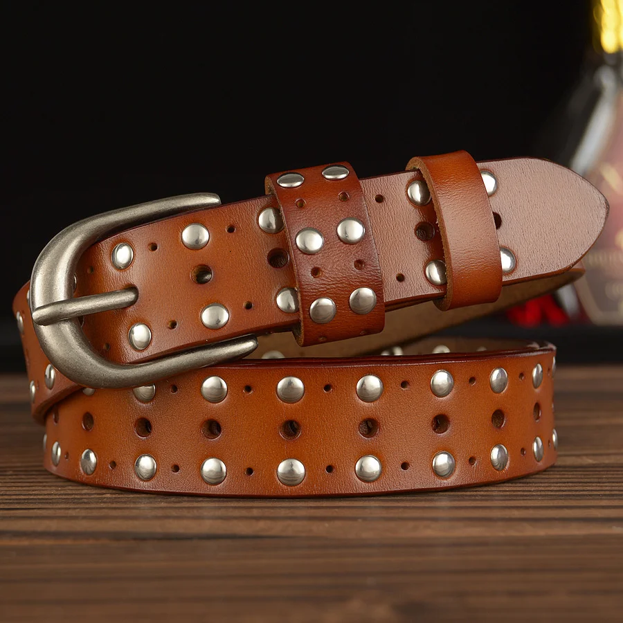 

Female Hollow Vintage Luxury Designer Punk Belts Men High Quality Genuine Real Leather Women Waist Rivet Strap for Jeans