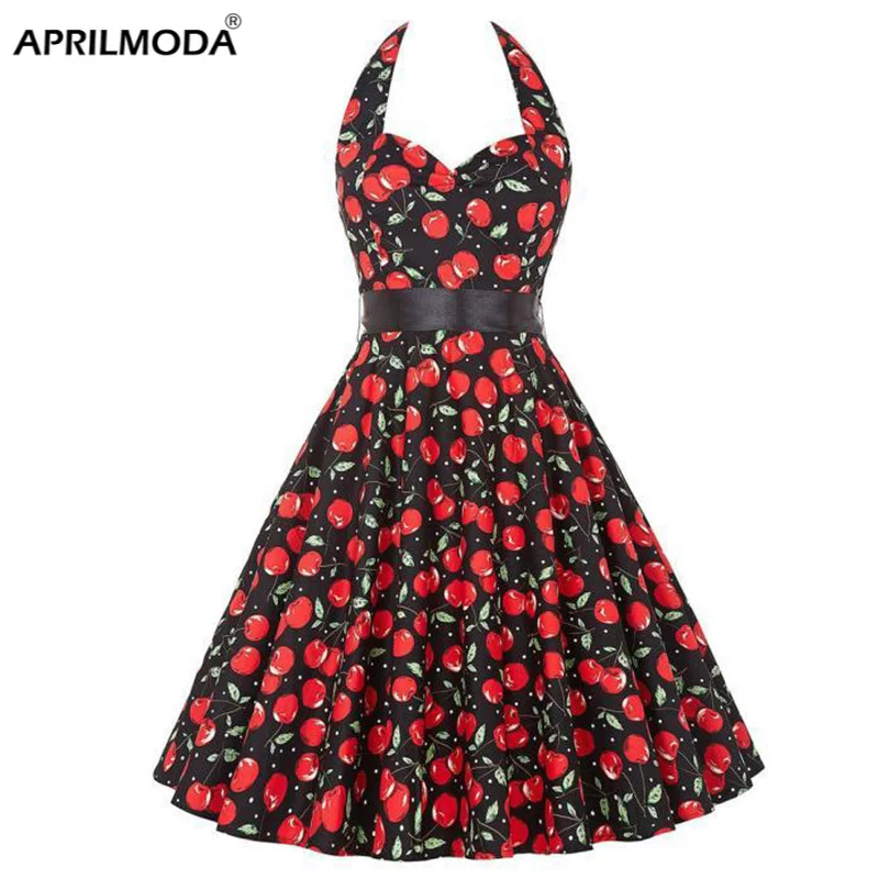 Vestido de verano Vintage con estampado de cerezas para mujer, traje Sexy rojo para fiesta, Pin Up, 50s, 60S, 2021