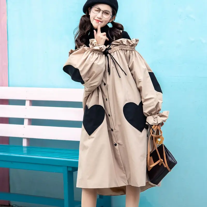 Весна-осень новые свободные длинные платья с контрастными сердечками открытыми