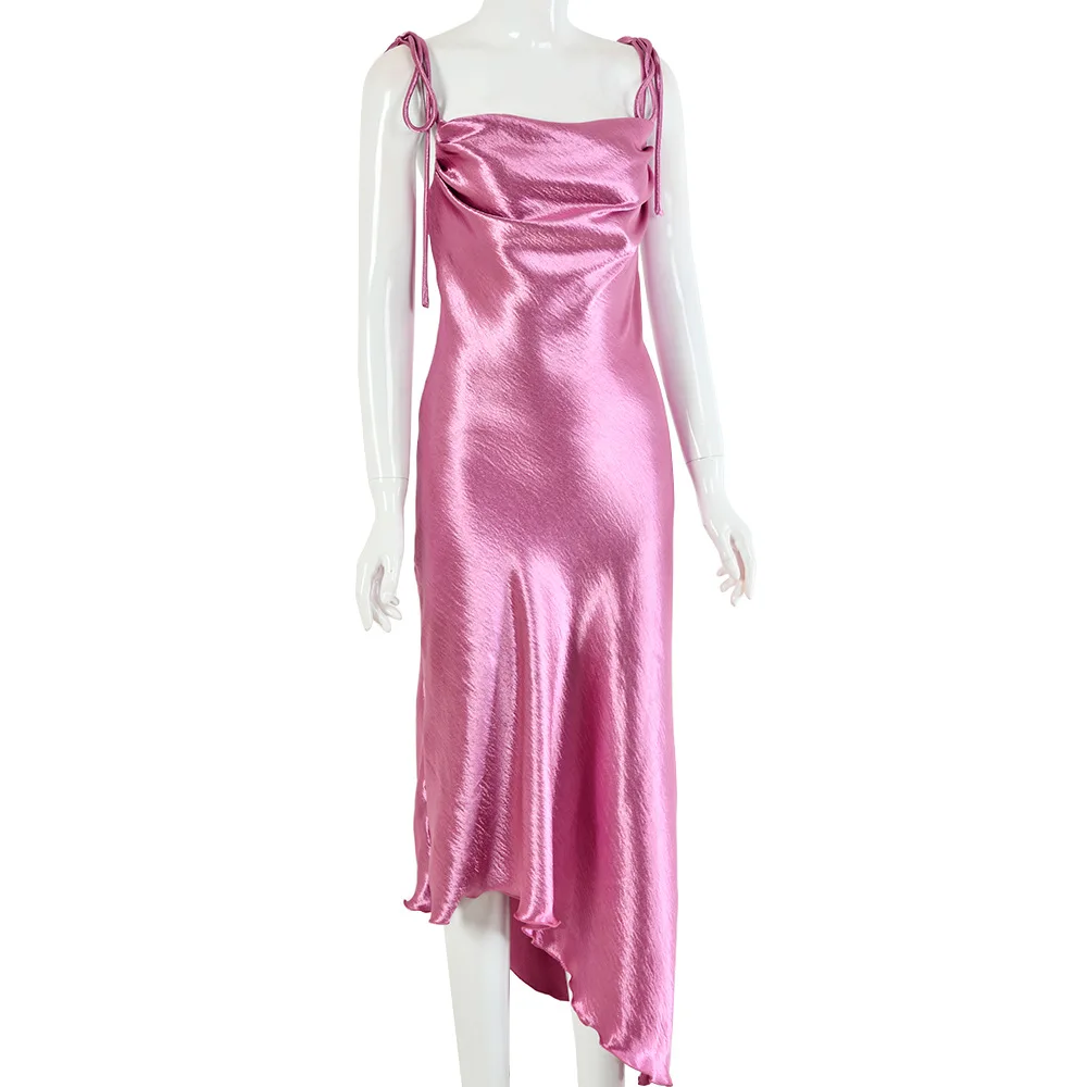 

Spring Summer Solid Elegant Backless Irregular Spaghetti Strap Dress Nightclub Party Sexy Sleeveless Smooth Cocktail Dresses