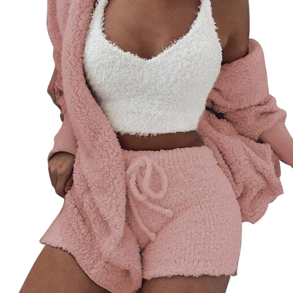 3 Piece Pink Sfit мягкий длинный плюшевый комплект куртка с длинным рукавом женский сексуальный укороченный топ и шорты костюм новые женские спортивные комплекты для отдыха - Цвет: 3 Piece Pink