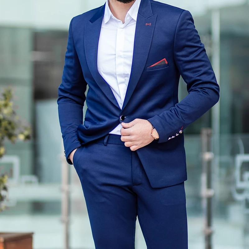 

Новинка, модные синие мужские костюмы по индивидуальному заказу, облегающий смокинг, костюм шафера для свадьбы, делового ужина, костюмы для ...