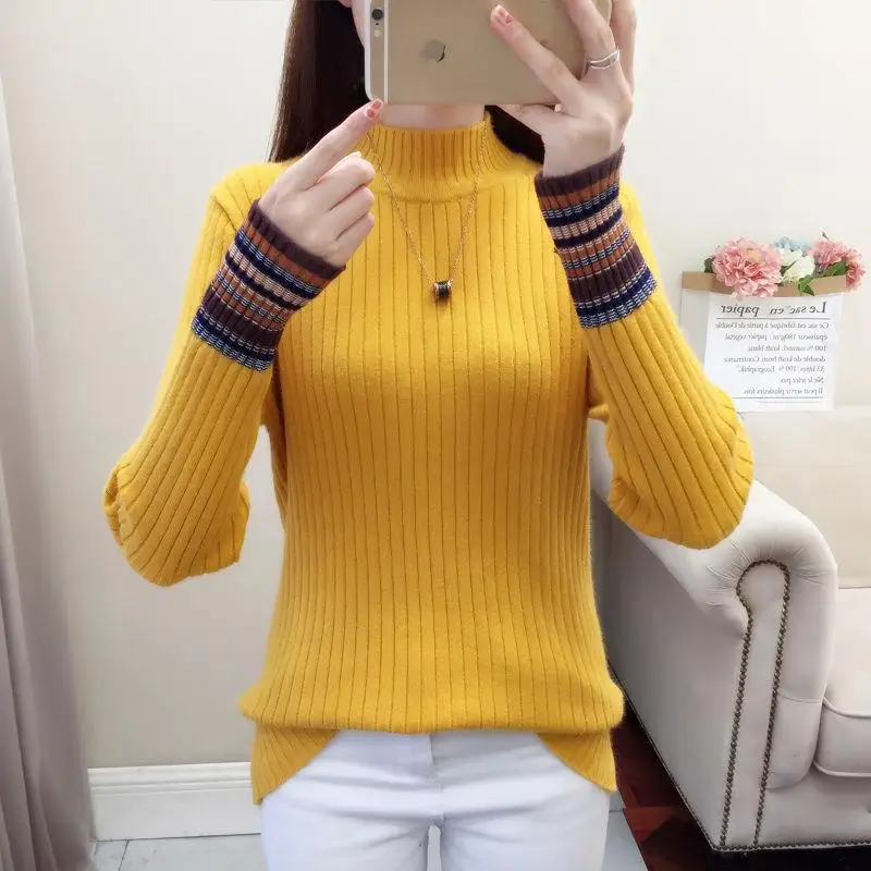 

Women's Autumn and Winter Warm Striped Knit Sweater Solid Color Large Size Slim Sweater Turtleneck Sweater