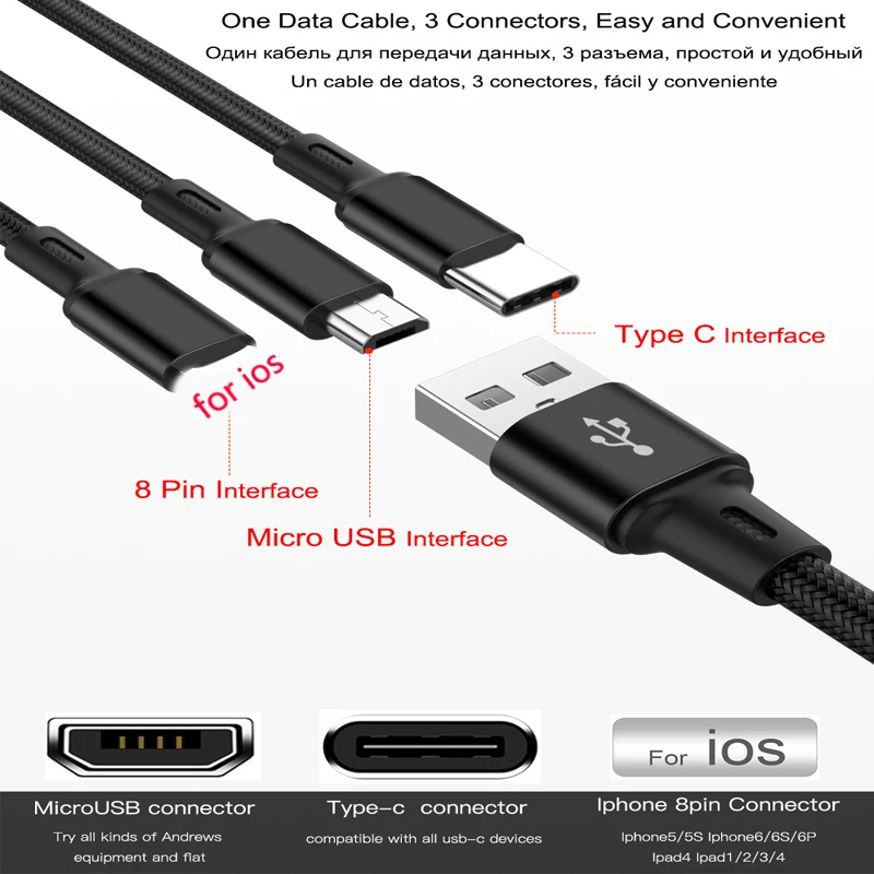 Кабель BaySerry 3 в 1 USB Type C для iPhone 11 Pro Max XR Быстрая зарядка Micro Samsung S9 Xiaomi Huawei провод