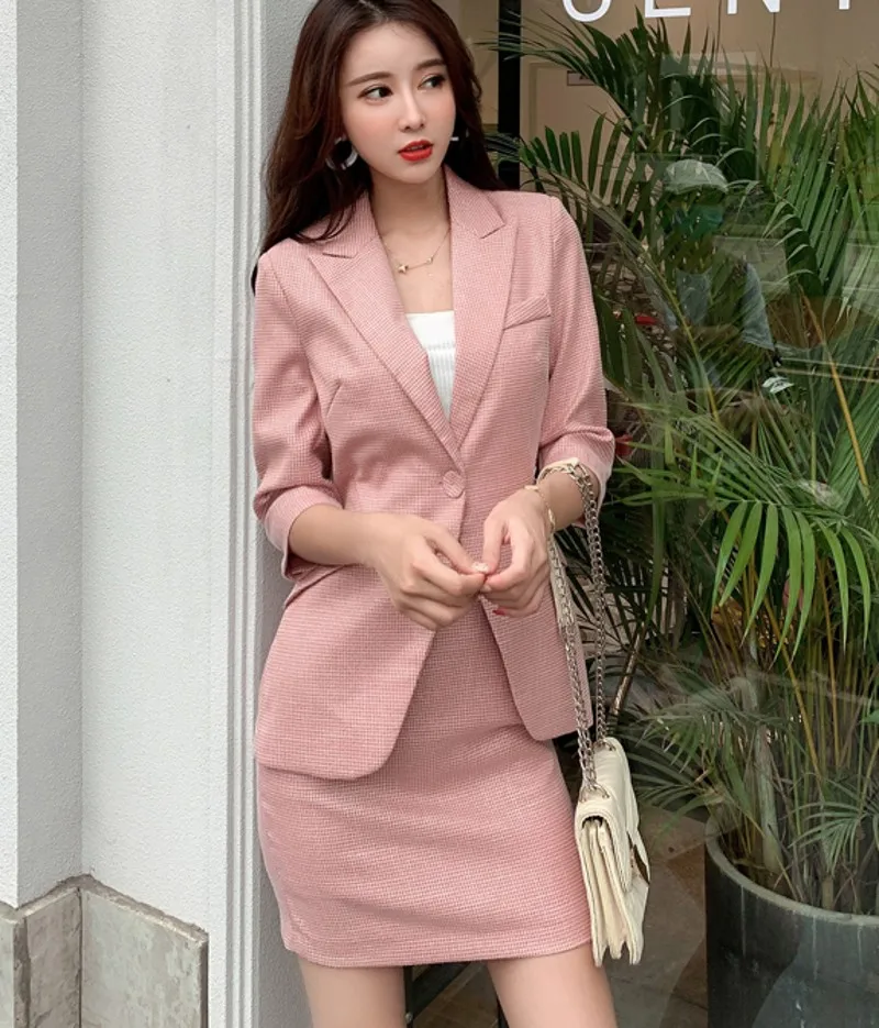

2020 summer autumn Suit Women Tweed Blazer Jacket Bodycon Mini Pencil Skirt Suit Work Casual two Piece Set