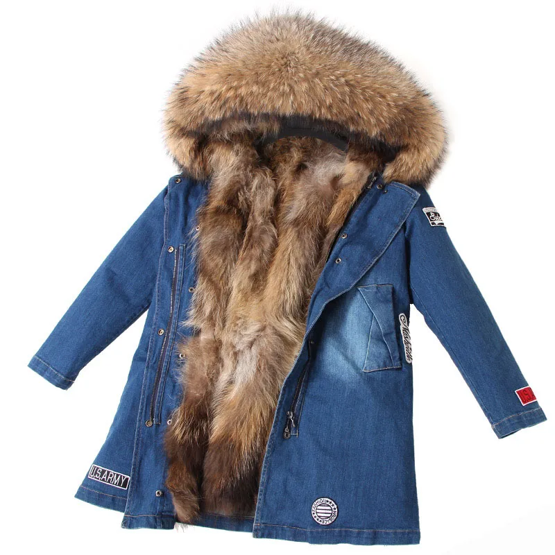 

2021 Winter women rabbit fur liner, raccoon fur collar denim coat woman parkas, fur thickened natural denim fur jacket long