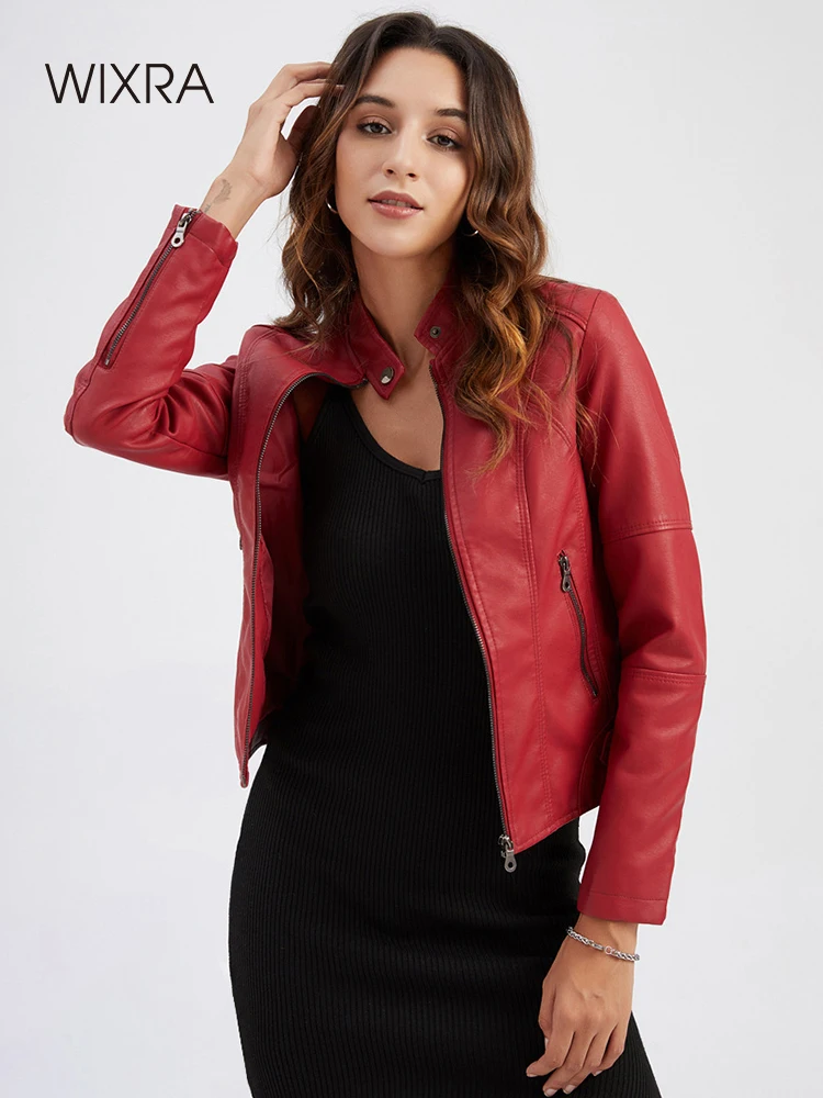 

Wixra Women Faux Leather Slim Fit Jackets Zipper Pockets Classic PU Outwear Stand Collar Streetwear Femme Spring Autumn