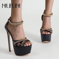metal chain 16cm high heels summer womens sandals size 35 42 black sexy platform gladiator womens shoes zip stiletto sandals