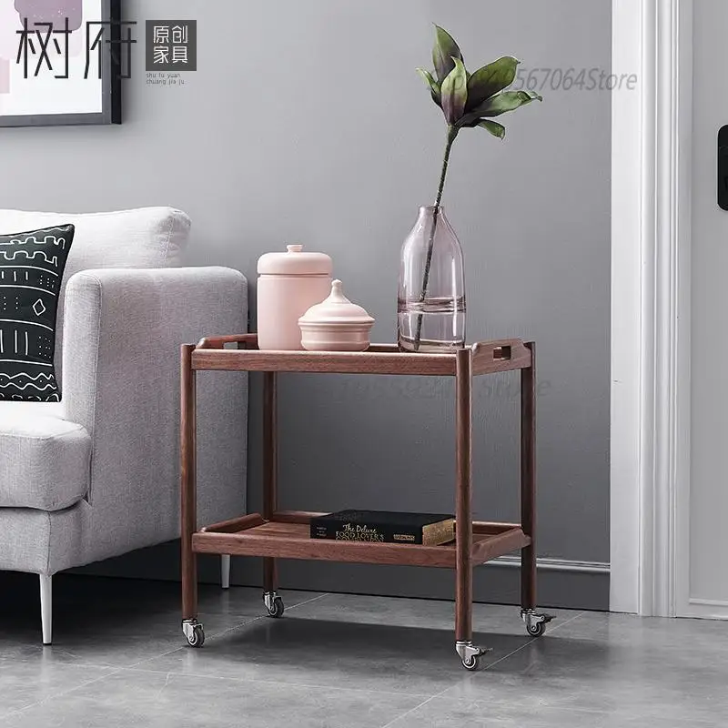 Nordic Sofa Side Table Solid Wood Black Walnut Cherry Corner Movable Living Room Trolley Coffee | Мебель