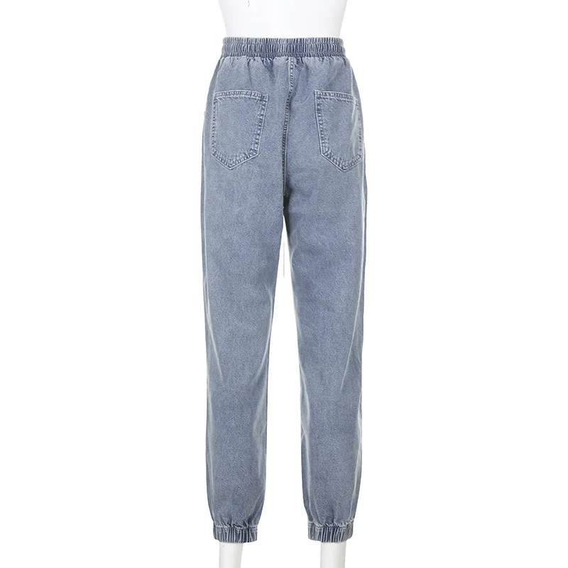 

Streetwear Drawstring Baggy Jeans Elastic High Waist Loose Boyfriend Harem Pants Women Pockets Blue Denim Jeans Ladies Trousers