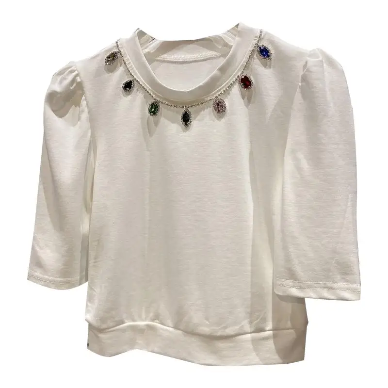 

Women White Casual Oversized T Shirt 2021 Summer Colorful Rhinestone Puff Short Top Female Loose Street Wear Short T Shirt