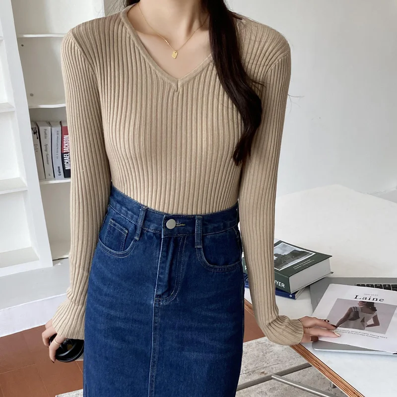Осень 2021 корейский Повседневный базовый свитер Zohoha с V-образным вырезом тонкий
