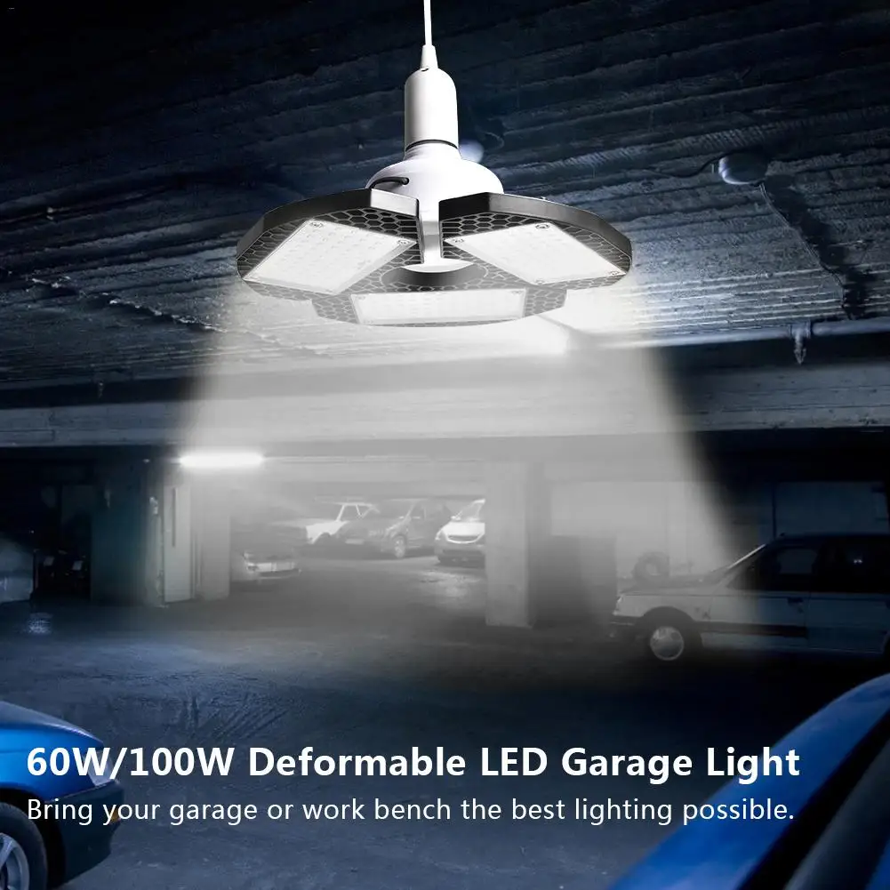 

AC85-265V E27 60W/100W Deformable LED Garage Ceiling Lights Waterproof 2835LED Garage Workshop Lighting with Adjustable Panels