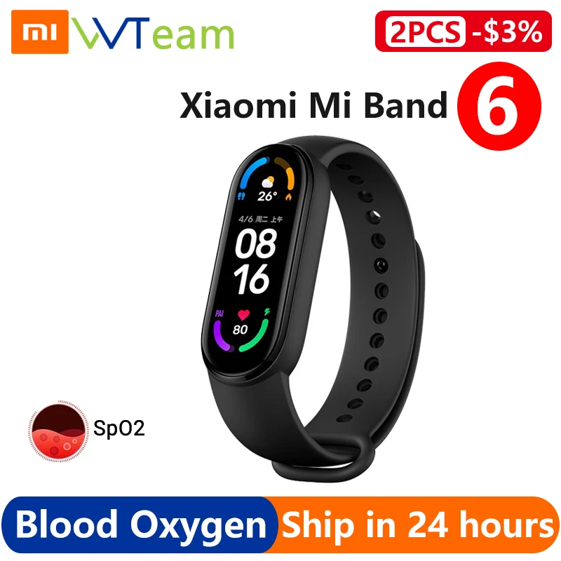 

Смарт-браслет Xiaomi Mi Band 6, фитнес-трекер с AMOLED экраном и функцией измерения кислорода в крови, Bluetooth, пульсометр, 5 цветов, глобальная версия