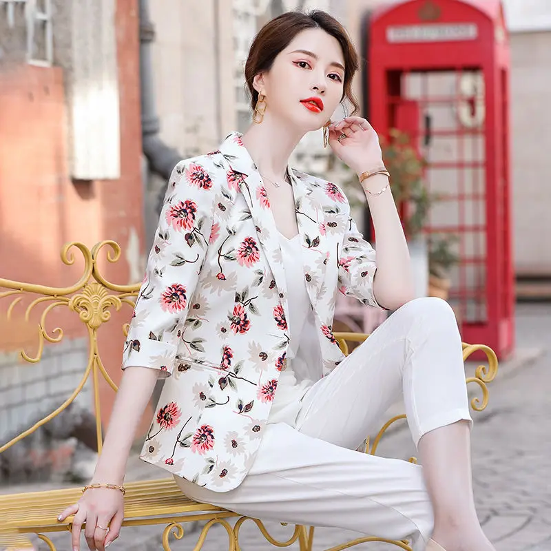 

2021 New Women Blazer Spring Summer Jacket Coat Lace Thin Suit Outerwear 3/4 Sleeve Large Size Casual Women's Clothing Navy 4XL