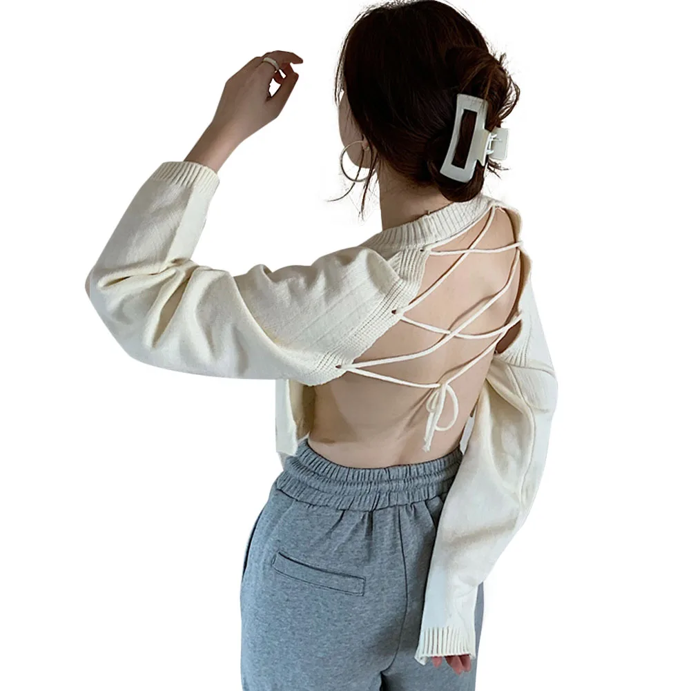 

Sexy Backless Cropped Sweater Ladies Oversized Long Sleeve Lace Up Back Knit Jumper Pullover Top Chic Ladies Knitwear